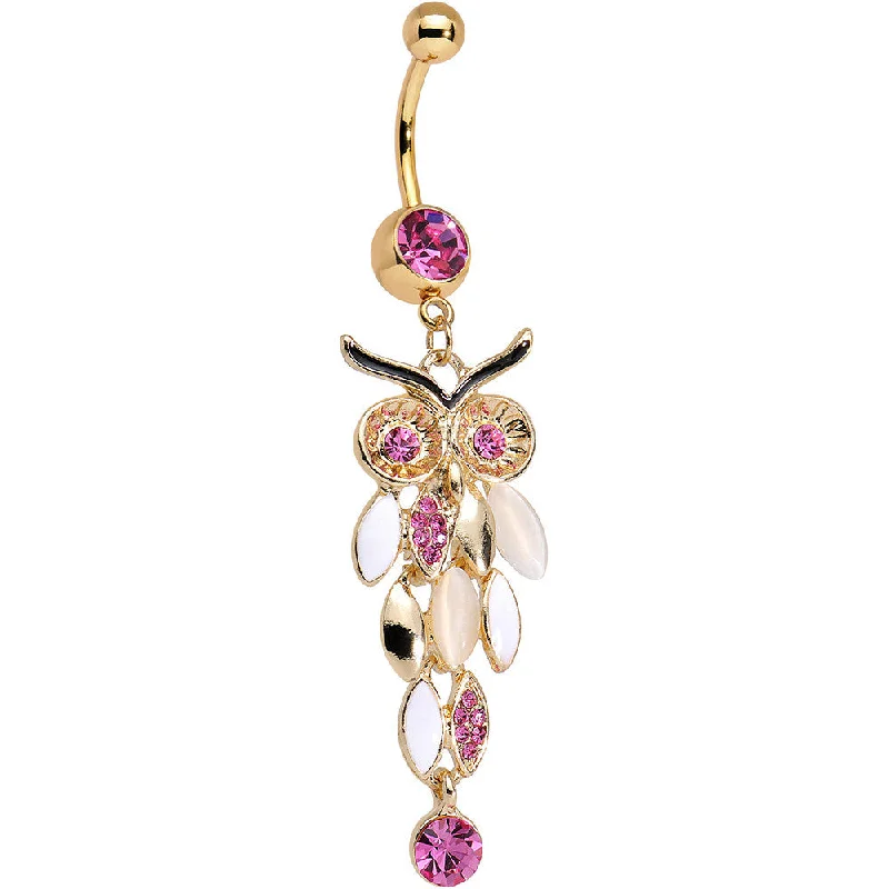 Stunning Belly Rings with Shiny Finish -Pink Gem White Faux Opal Gold Anodized Feather Owl Dangle Belly Ring