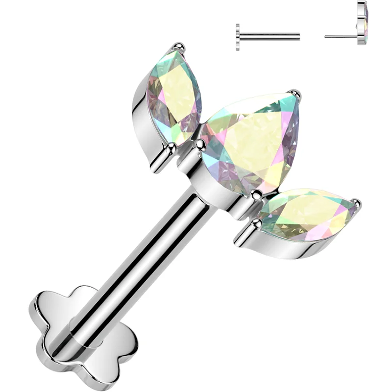 Women's Earrings – Elegant Designs for Every Personality--18 Gauge 5/16 Aurora CZ Gem Oval Trio Medical Grade Titanium Reversible Flat Back Earring