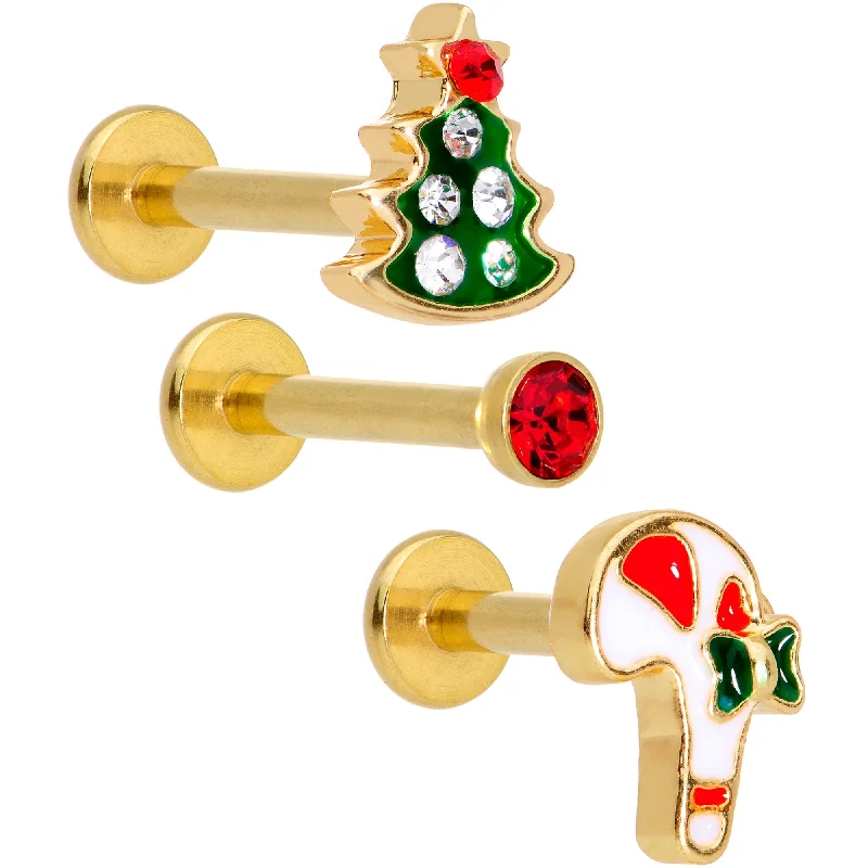 Lip Rings for Women with Creative Designs16 Gauge 5/16 Gem Gold Tone Holiday Cartilage Tragus Earring Set of 3