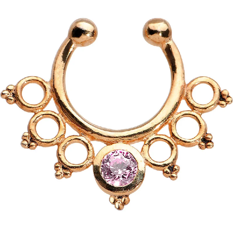 Elegant Nose Rings with Luxurious Look -Look At Me Pink Gem Rose Gold Plated 925 Silver Clip On Fake Septum Ring Elegant Nose Rings with Luxurious Look -Look At Me Pink Gem Rose Gold Plated 925 Silver Clip On Fake Septum Ring