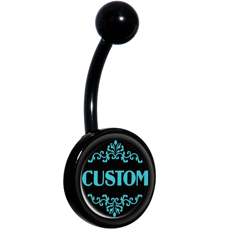 Comfortable Belly Rings for Sensitive Piercings -Custom Teal Personalized Name Black Belly Ring