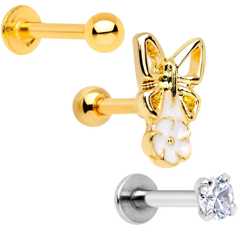 Women's Earrings – Elegant Designs for Every Personality--16 Gauge 1/4 Clear Gem Gold Tone Butterfly Cartilage Tragus Set of 3