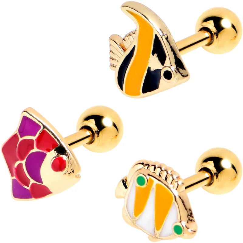 Women's Earrings – Elegant Designs for Every Personality--16 Gauge 1/4 Gold Tone Tropical Fish Cartilage Tragus Earring Set of 3