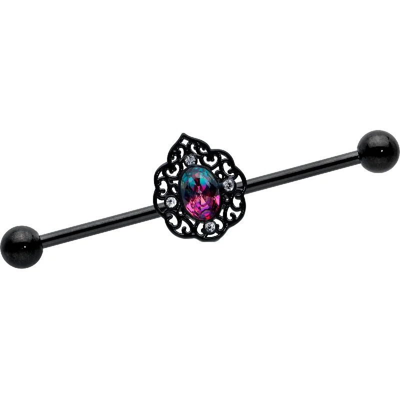 Women's Earrings – Elegant Designs for Every Personality--14 Gauge Purple Tourmaline Black Lacy Drop Industrial Barbell 38mm