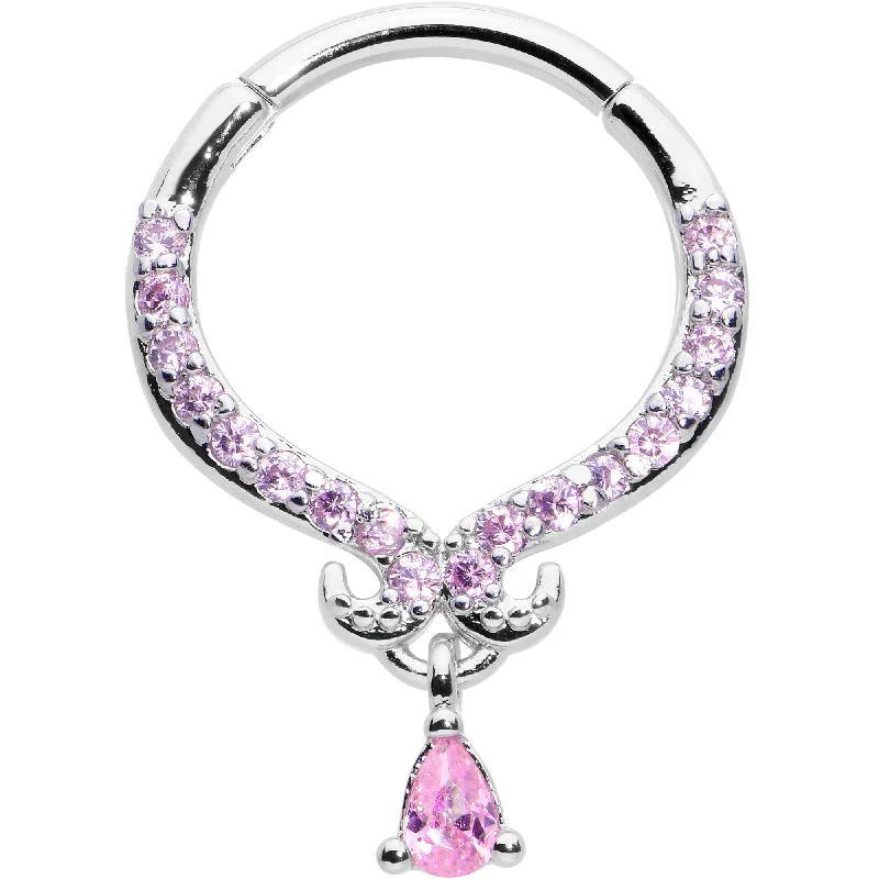 Stylish Nose Rings for Comfortable Wear -16 Gauge 3/8 Pink CZ Gem Elegant Curves Dangle Hinged Segment Ring Stylish Nose Rings for Comfortable Wear -16 Gauge 3/8 Pink CZ Gem Elegant Curves Dangle Hinged Segment Ring