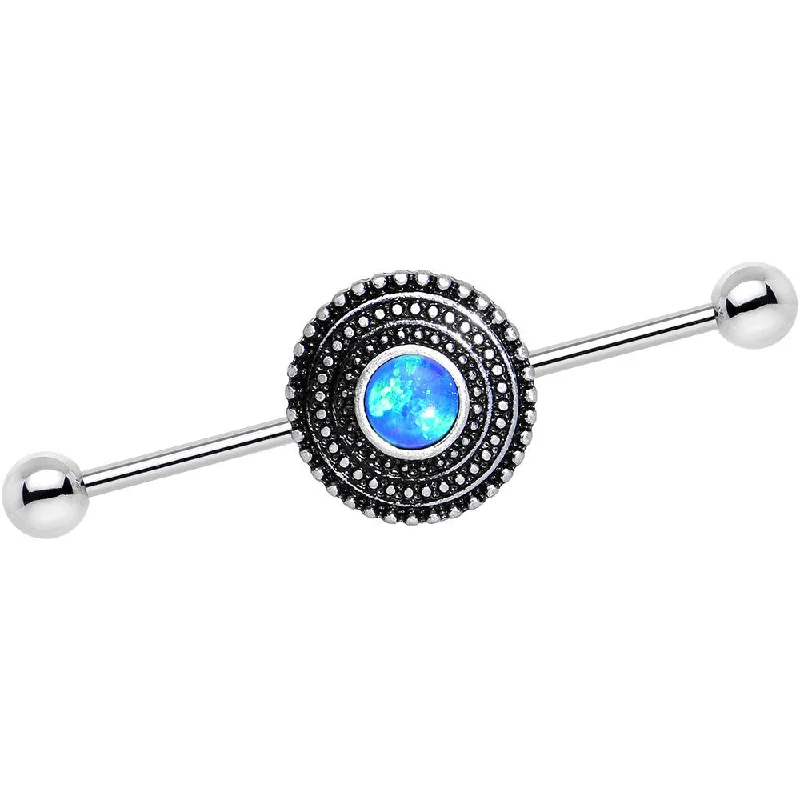 Women's Earrings – Elegant Designs for Every Personality--Blue Synthetic Opal Stainless Steel Medallion Industrial Barbell 37mm Women's Earrings – Elegant Designs for Every Personality--Blue Synthetic Opal Stainless Steel Medallion Industrial Barbell 37mm