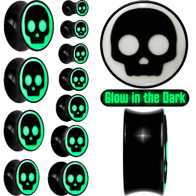 Women's Earrings – Elegant Designs for Every Personality--0 Gauge Glow in the Dark Simple Skull Black Acrylic Saddle Plug Set