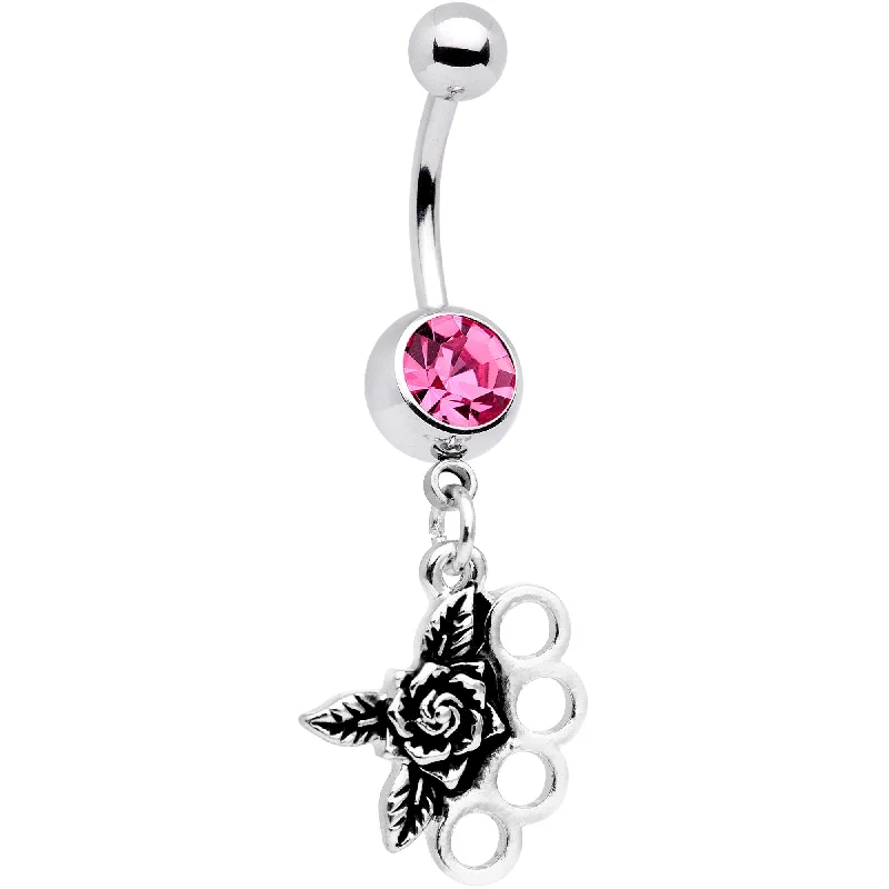 Trendy Belly Rings with Creative Accents -Pink CZ Gem Badass Brass Knuckles Dangle Belly Ring Trendy Belly Rings with Creative Accents -Pink CZ Gem Badass Brass Knuckles Dangle Belly Ring