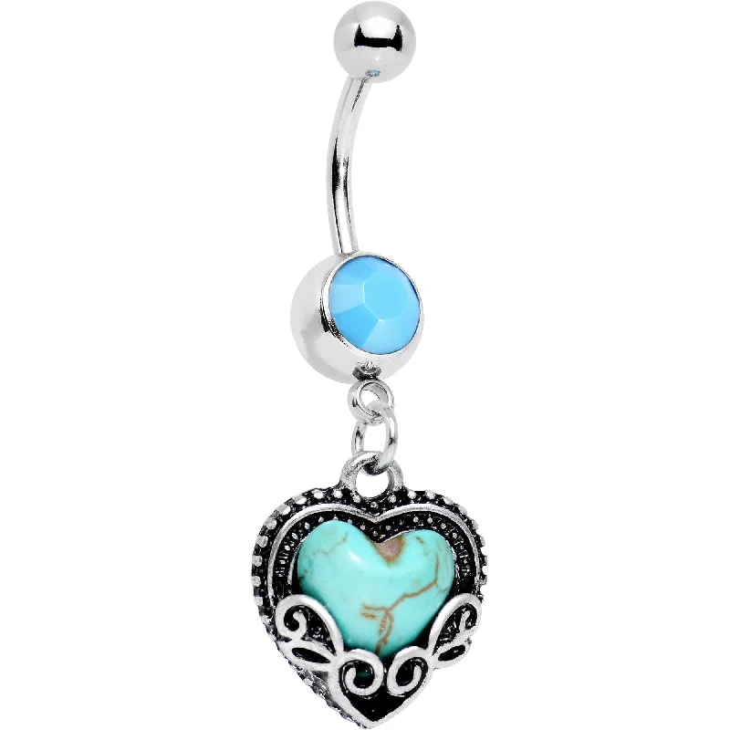 Stylish Belly Rings for Bold Statements -Southwestern Faux Turquoise Framed Ancient Heart Dangle Belly Ring Stylish Belly Rings for Bold Statements -Southwestern Faux Turquoise Framed Ancient Heart Dangle Belly Ring