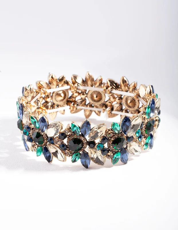 Women's Bangles with Raised Detailing-Blue Gold Multi Diamante Bangle