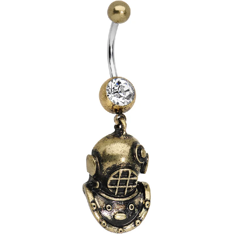Belly Rings with Elegant Detailing for Fashionistas -Antiqued Brass Scuba Mask Dangle Gem Belly Ring Belly Rings with Elegant Detailing for Fashionistas -Antiqued Brass Scuba Mask Dangle Gem Belly Ring