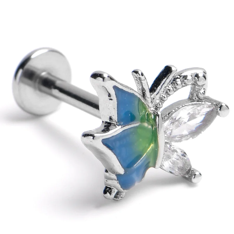 Chic Lip Rings for Fashionable Look16 Gauge Blues Dazzling Gem Beauty Butterfly Labret Tragus Earring