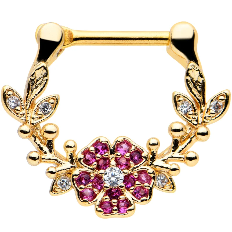 Women's Earrings – Elegant Designs for Every Personality--16 Gauge 5/16 Clear Pink Gem Gold Tone Floral Vine Cartilage Clicker