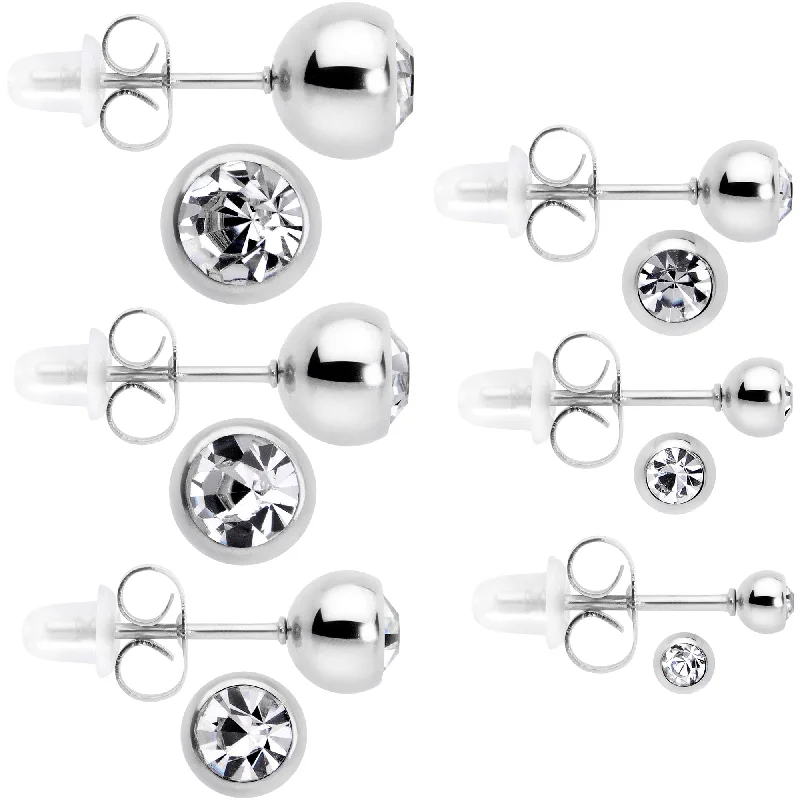 Women's Earrings – Elegant Designs for Every Personality--Clear Gem 3mm to 8mm Ball End Stud Earrings Set of 6