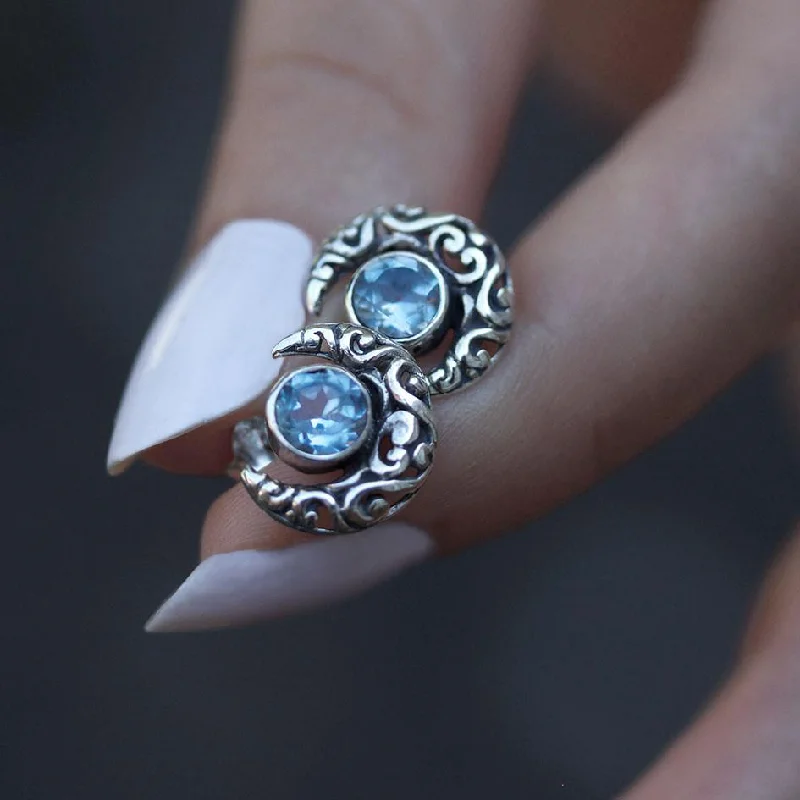 Women's Earrings – Elegant Designs for Every Personality--WISDOM. Silver Moon Crescent Earrings - Blue Topaz