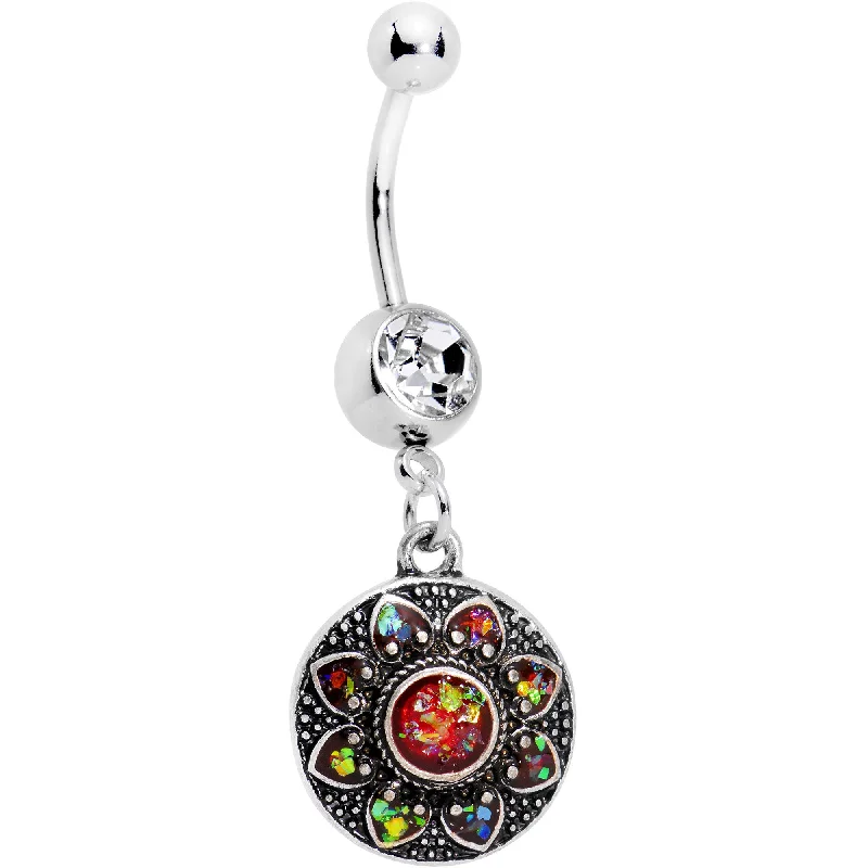 Comfortable Belly Rings with Polished Finish -Red Faux Opal Enclosed Flower Dangle Belly Ring Comfortable Belly Rings with Polished Finish -Red Faux Opal Enclosed Flower Dangle Belly Ring
