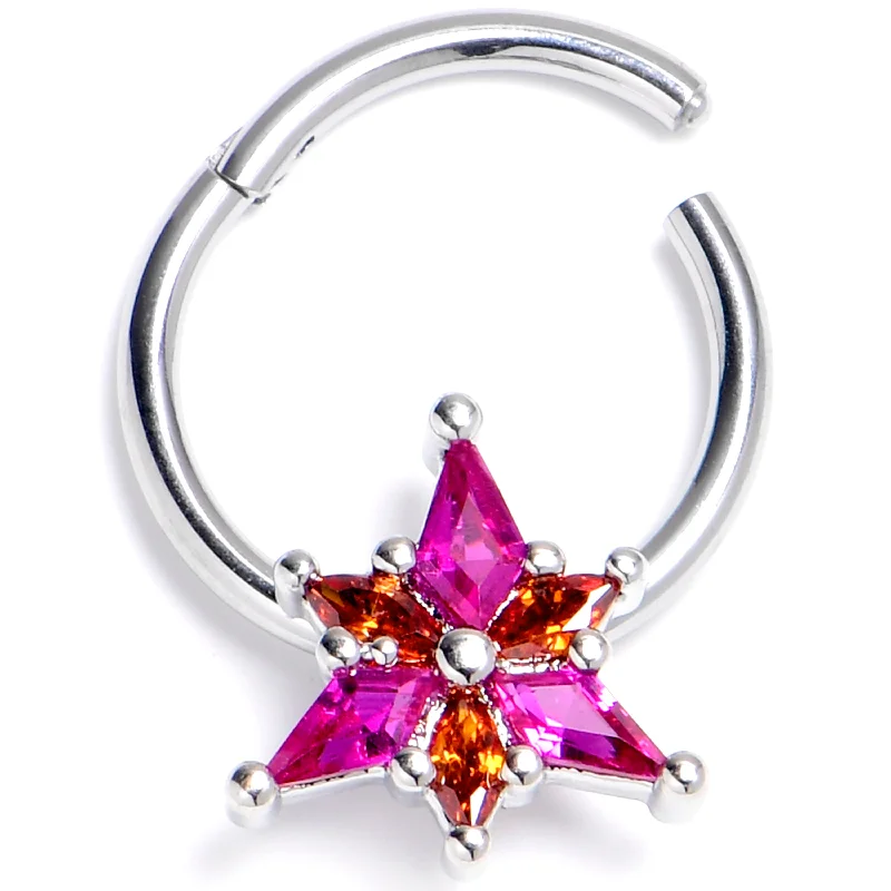 Comfortable Silver Nose Rings -16 Gauge 3/8 Pink Orange Gem Abstract Fire Hinged Segment Ring Comfortable Silver Nose Rings -16 Gauge 3/8 Pink Orange Gem Abstract Fire Hinged Segment Ring