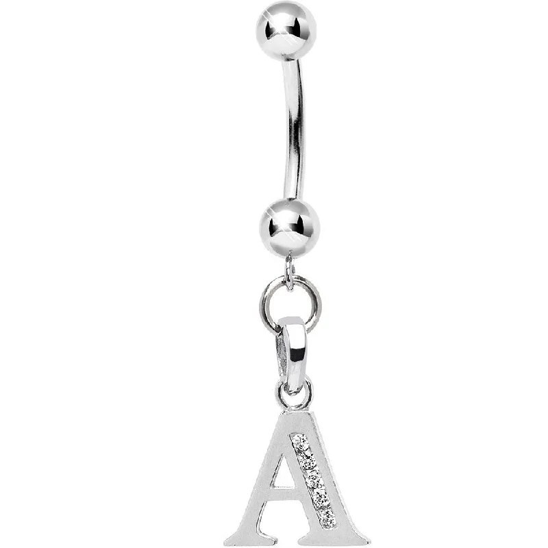 Belly Rings for Piercings -16 Gauge Solid 14kt White Gold CZ Initial A Belly Ring