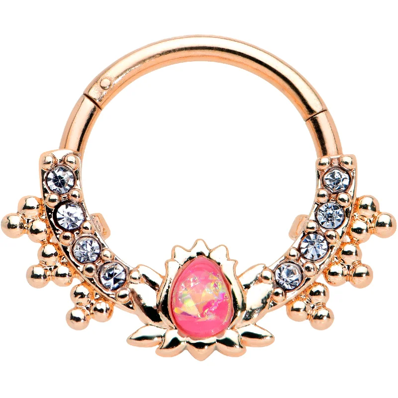 Timeless Nose Rings with Unique Appeal -16 Gauge 3/8 Pink Faux Opal Rose Gold Hue Lotus Hinged Segment Ring Timeless Nose Rings with Unique Appeal -16 Gauge 3/8 Pink Faux Opal Rose Gold Hue Lotus Hinged Segment Ring