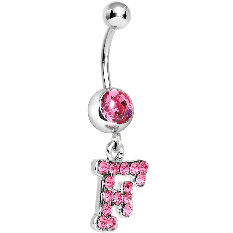 Belly Rings with Silver Finish -Pink Gem Letter F Initial Dangle Belly Ring