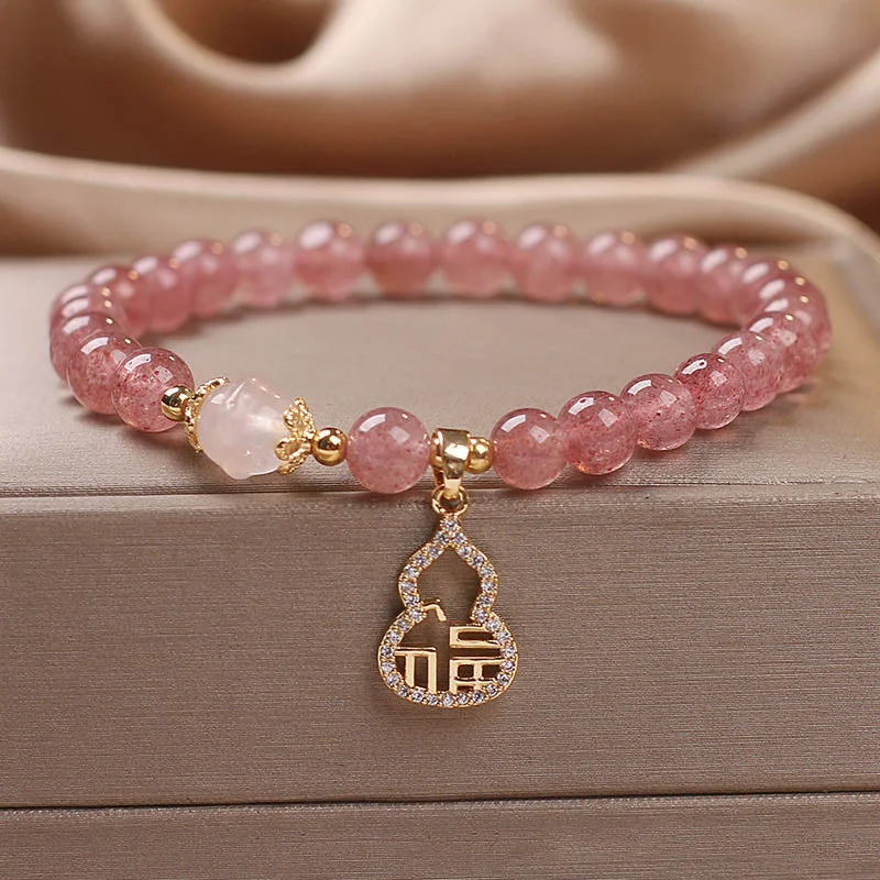 Beaded Cuff Bangles for Women-Buddha Stones Strawberry Quartz Gourd Fu Character Charm Positive Bracelet Beaded Cuff Bangles for Women-Buddha Stones Strawberry Quartz Gourd Fu Character Charm Positive Bracelet