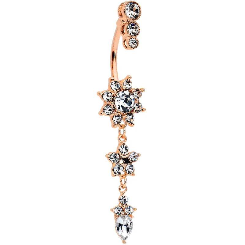 Comfortable Belly Rings for Exclusive Fashion -Clear Gem Rose Gold Tone Trio Top Double Flower Drop Dangle Belly Ring Comfortable Belly Rings for Exclusive Fashion -Clear Gem Rose Gold Tone Trio Top Double Flower Drop Dangle Belly Ring