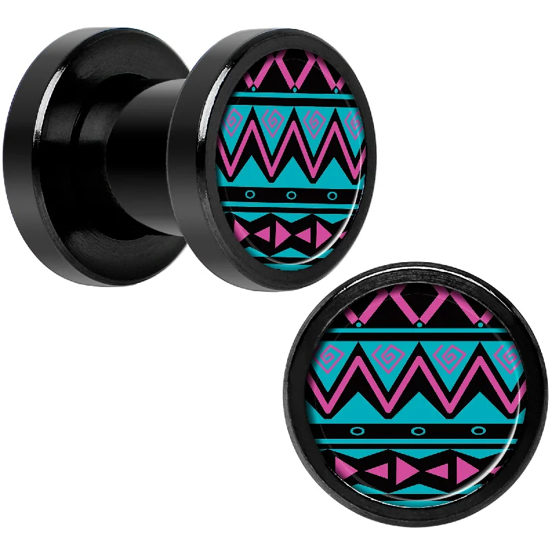 Women's Earrings – Elegant Designs for Every Personality--Pink Teal Tribal Print Black Anodized Screw Fit Plug Set 2 Gauge Women's Earrings – Elegant Designs for Every Personality--Pink Teal Tribal Print Black Anodized Screw Fit Plug Set 2 Gauge