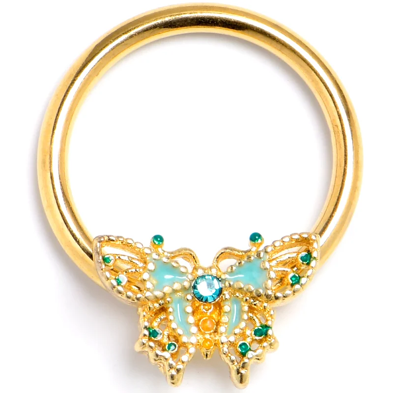 Women's Earrings – Elegant Designs for Every Personality--16 Gauge 3/8 Blue Gem Gold Tone Rococo Butterfly BCR Captive Ring