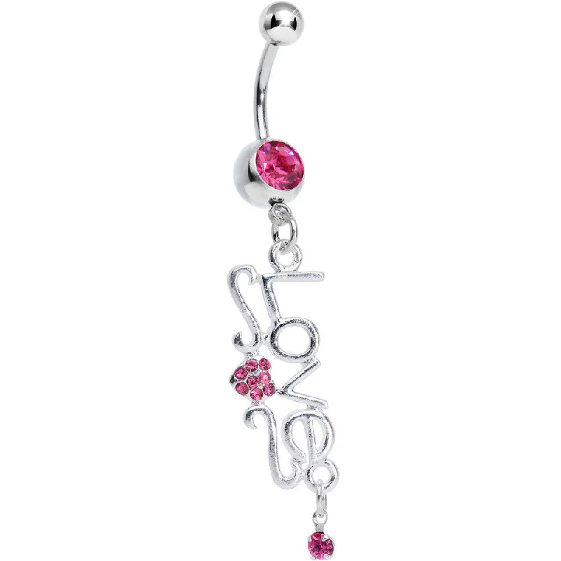 Comfortable Belly Rings for Daily Wear -Pink Gem Script Love Dangle Belly Ring