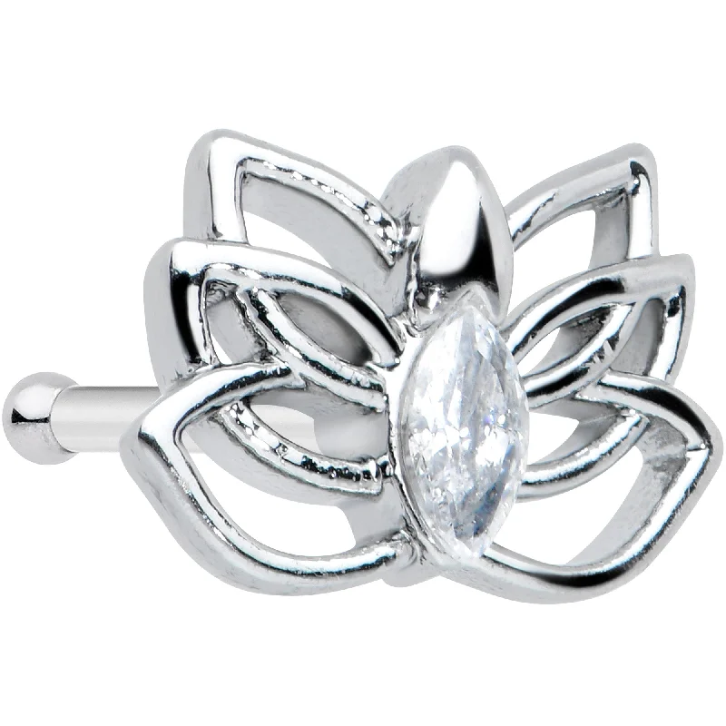 Lightweight Nose Rings -20 Gauge 1/4 Clear Gem Open Elegant Lotus Flower Nose Bone
