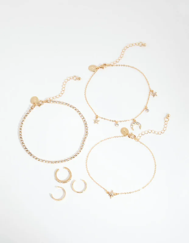 Trendy Anklets for Every Season-Gold Moon Anklet & Toe Ring 6-Pack Set