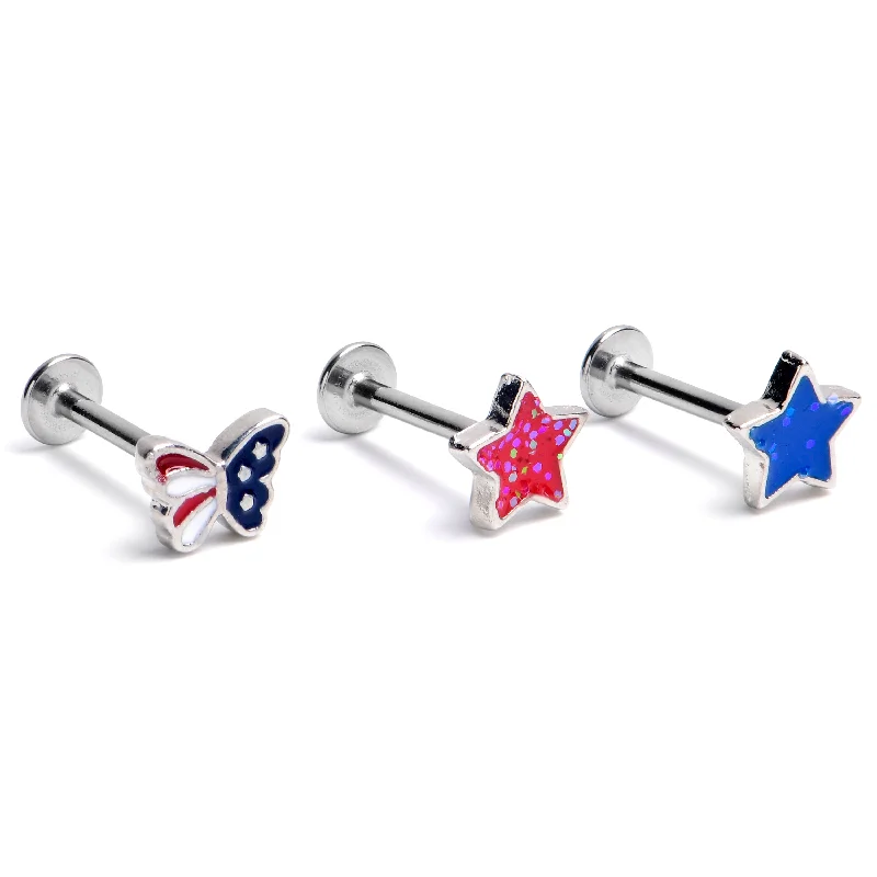 Stylish Lip Rings with Edgy Look16 Gauge 5/16 Stars Butterfly Patriotic Labret Monroe Tragus Curation Set of 3