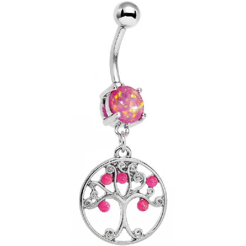 Comfortable Belly Rings for Fashion Forward -Pink Faux Opal Terra Firma Tree of Life Dangle Belly Ring