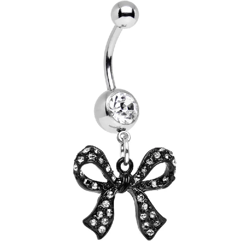 Designer Belly Rings with Exclusive Appeal -Clear Gem Paved Black Girly Bow Dangle Belly Ring Designer Belly Rings with Exclusive Appeal -Clear Gem Paved Black Girly Bow Dangle Belly Ring