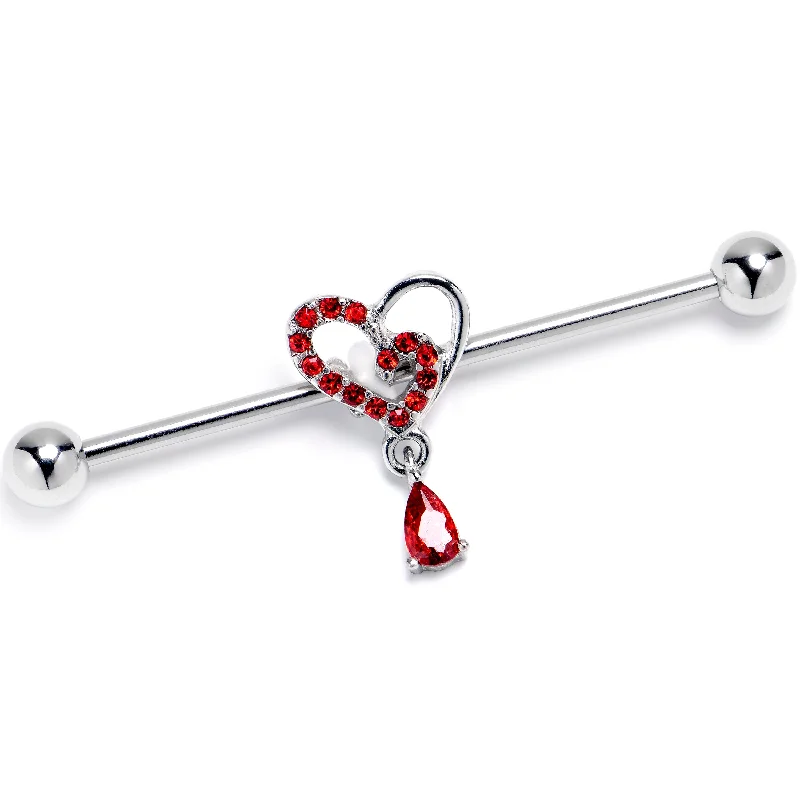 Women's Earrings – Elegant Designs for Every Personality--14 Gauge Red CZ Gem Asymmetrical Heart Dangle Industrial Barbell 38mm