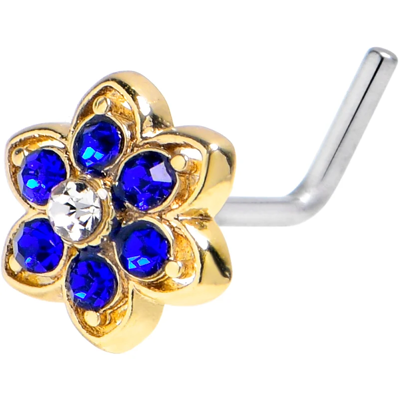 Nose Rings with Sparkling Gem Details -20 Gauge 7mm Blue Gem Radiant Bloom Flower Golden L Shape Nose Ring Nose Rings with Sparkling Gem Details -20 Gauge 7mm Blue Gem Radiant Bloom Flower Golden L Shape Nose Ring