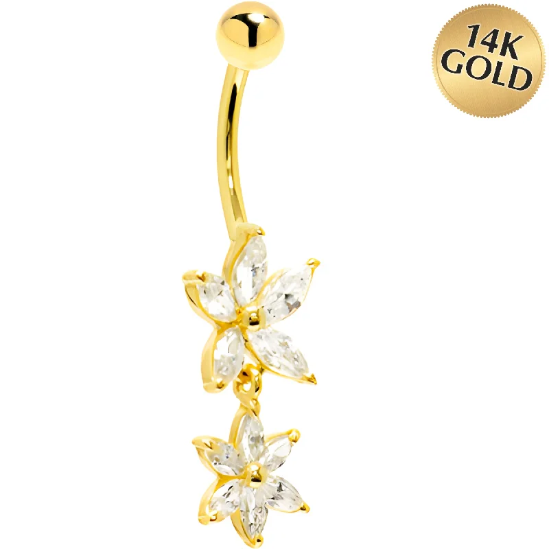 Belly Rings for Fashionistas -16 Gauge Solid 14KT Yellow Gold Cubic Zirconia DUAL LILY Dangle Belly Ring Belly Rings for Fashionistas -16 Gauge Solid 14KT Yellow Gold Cubic Zirconia DUAL LILY Dangle Belly Ring