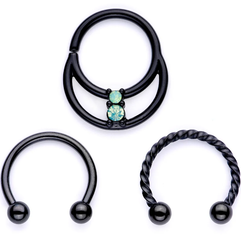 Comfortable Nose Rings for All-Day Wear -16 Gauge 3/8 Teal Faux Opal Black Anodized Horseshoe Closure Ring Set Comfortable Nose Rings for All-Day Wear -16 Gauge 3/8 Teal Faux Opal Black Anodized Horseshoe Closure Ring Set