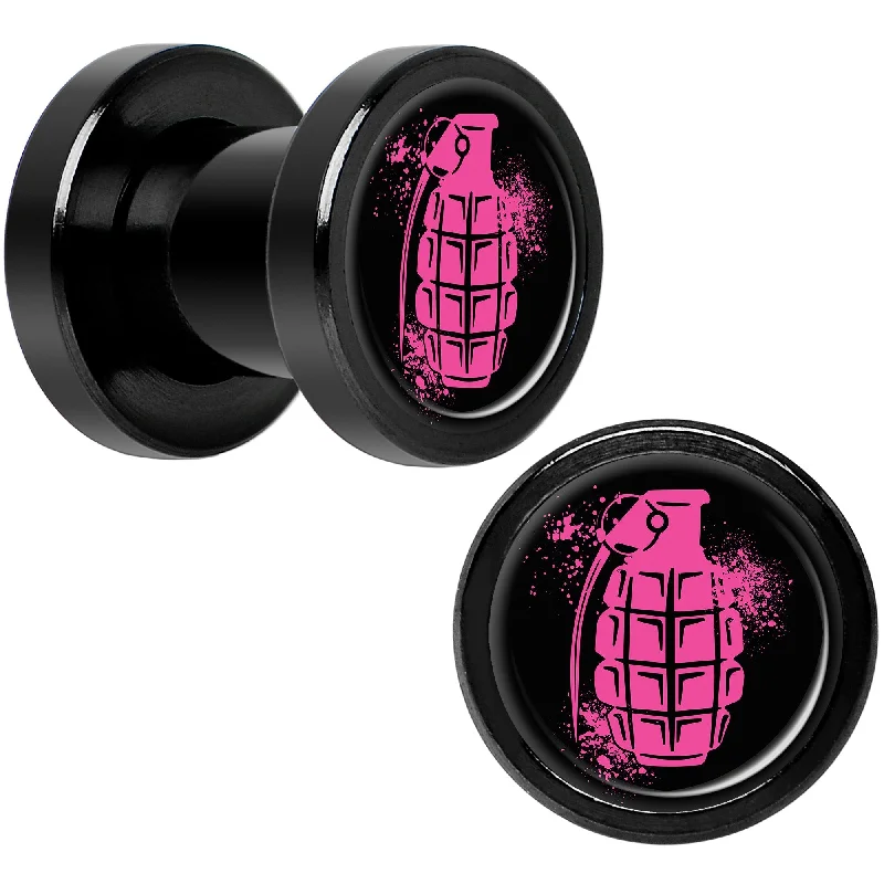 Women's Earrings – Elegant Designs for Every Personality--Pink Grenade Black Anodized Screw Fit Plug Set 2 Gauge Women's Earrings – Elegant Designs for Every Personality--Pink Grenade Black Anodized Screw Fit Plug Set 2 Gauge