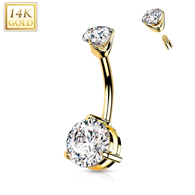 Comfortable Belly Rings with Sleek Finish -14kt Solid Yellow Gold Double Prong Set Cubic Zirconia Belly Ring Comfortable Belly Rings with Sleek Finish -14kt Solid Yellow Gold Double Prong Set Cubic Zirconia Belly Ring