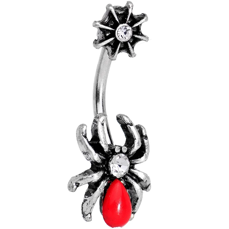 Fashionable Belly Rings for Exclusive Looks -Clear Gem Red Orb Spider and Web Halloween Double Mount Belly Ring Fashionable Belly Rings for Exclusive Looks -Clear Gem Red Orb Spider and Web Halloween Double Mount Belly Ring