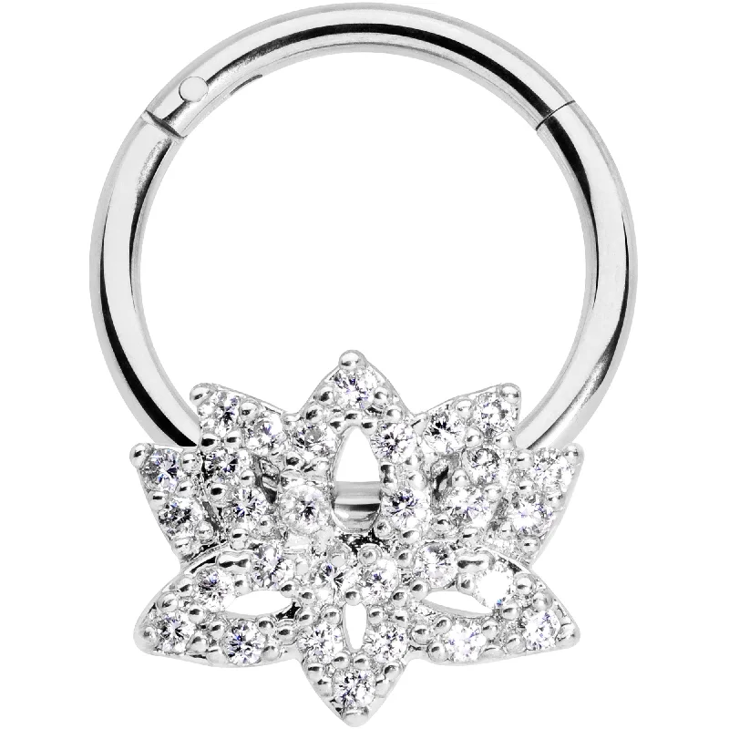 Double Hoop Nose Rings -16 Gauge 3/8 Clear CZ Gem Lotus Flower Hinged Segment Ring