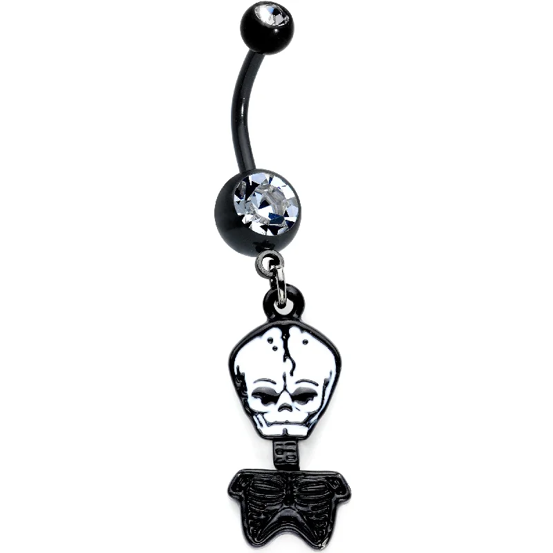 Comfortable Belly Rings with Unique Finish -Clear Gem Black Anodized Mister Skull and Bones Dangle Belly Ring Comfortable Belly Rings with Unique Finish -Clear Gem Black Anodized Mister Skull and Bones Dangle Belly Ring