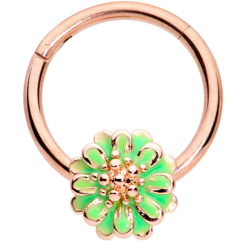 Elegant Nose Rings -16 Gauge 3/8 Rose Gold Tone Green Flower Hinged Segment Ring