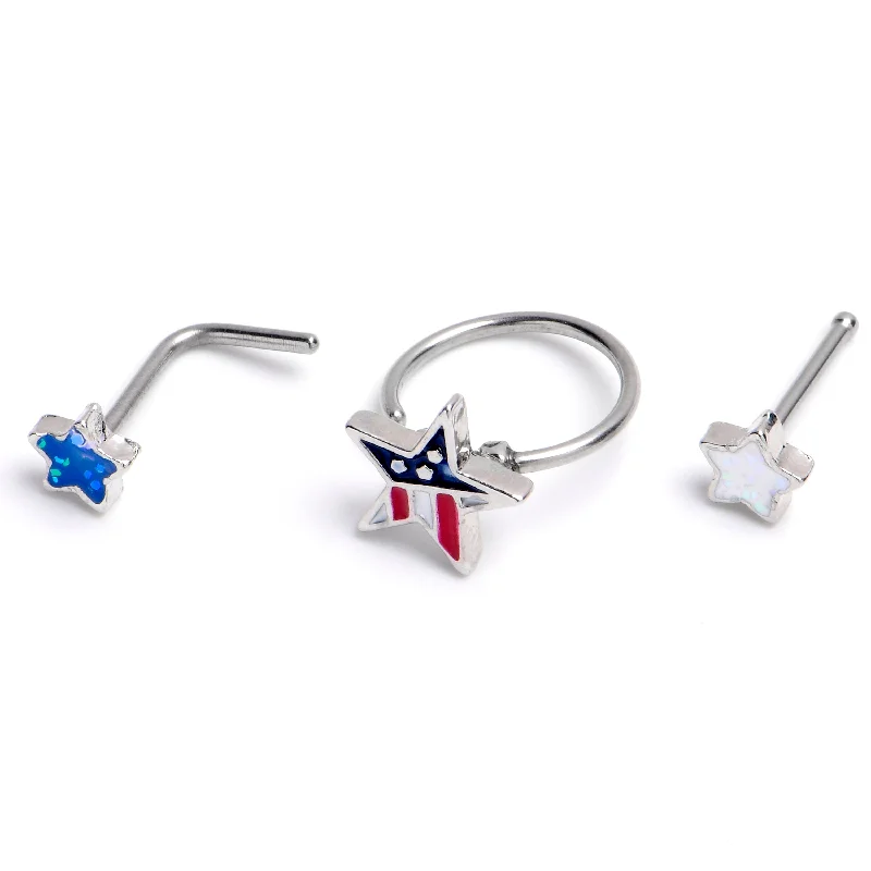 Silver Nose Rings for Every Look -20 Gauge 1/4 Patriotic Stars Nose Hoop Bone Set of 3 Silver Nose Rings for Every Look -20 Gauge 1/4 Patriotic Stars Nose Hoop Bone Set of 3