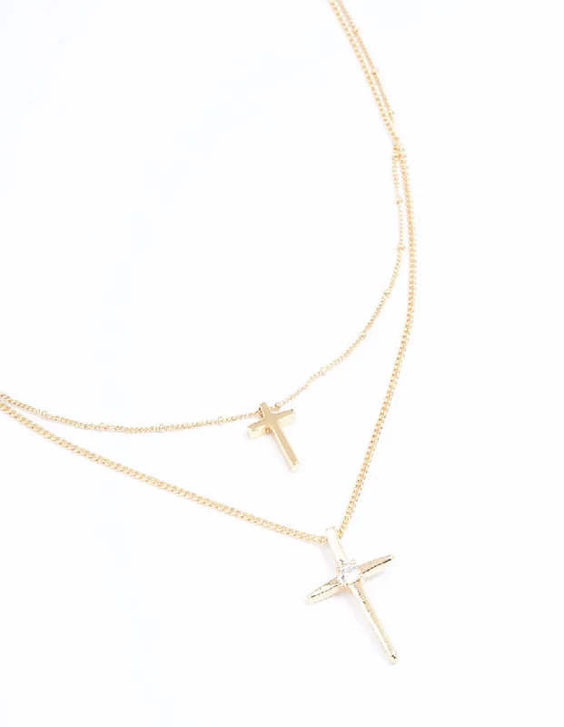 Shop Classic Women's Necklaces & Pendants with a Modern Twist-Gold Plated Layered Cross Necklace Shop Classic Women's Necklaces & Pendants with a Modern Twist-Gold Plated Layered Cross Necklace