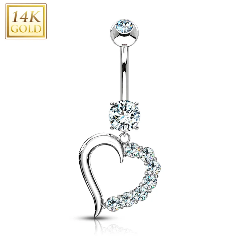 Comfortable Belly Rings for Everyday Use -14kt Solid White Gold CZ Posh Hollow Heart Dangle Belly Ring