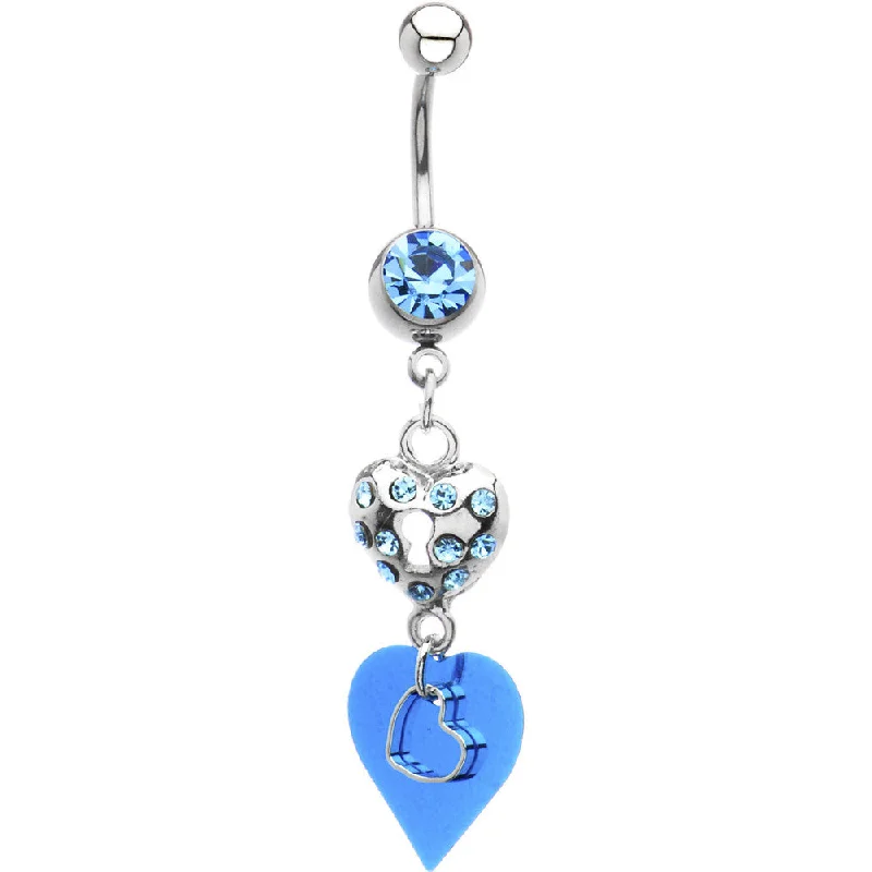 Belly Rings for a Polished Look -Aqua Cubic Zirconia Heart Collage Belly Ring