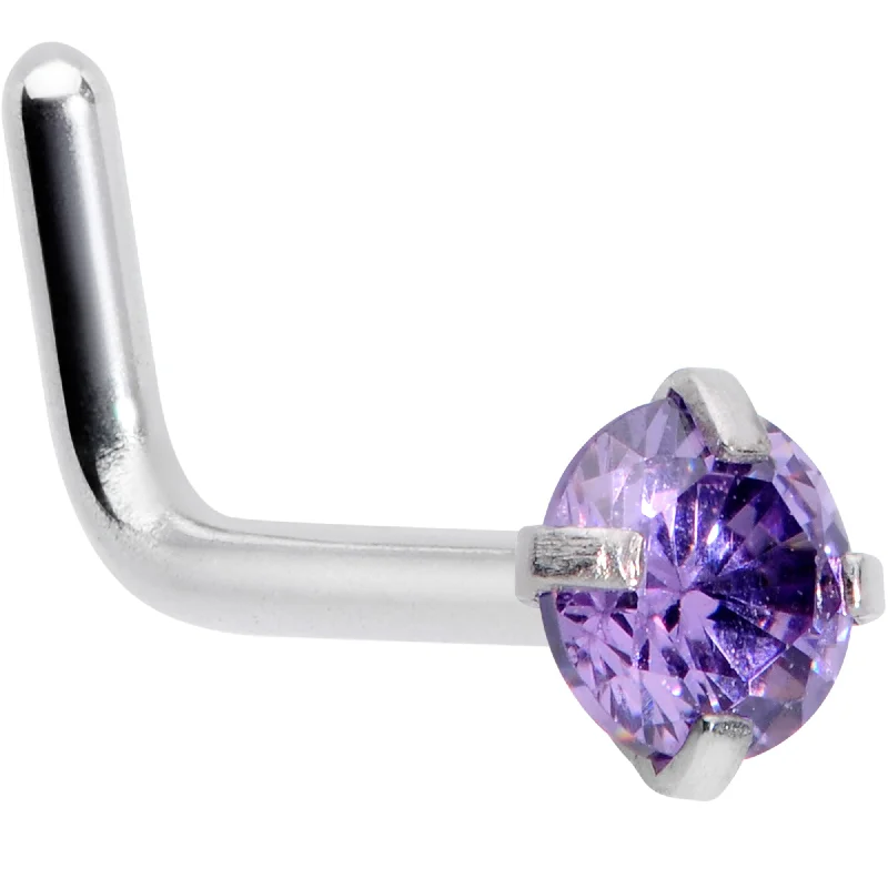 14k Gold Nose Rings -18 Gauge 1/4 Purplish 3mm CZ Gem Steel L-Shape Nose Ring