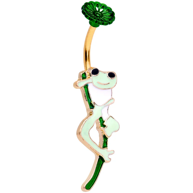 Stunning Belly Rings with Artistic Touch -Green Gold Tone Frog Flower Double Mount Belly Ring Stunning Belly Rings with Artistic Touch -Green Gold Tone Frog Flower Double Mount Belly Ring